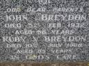 
parents;
John BREYDON,
died 5 Feb 1932 aged 58 years;
Ruby V. BREYDON,
died 10 July 1968 aged 85 years;
Emu Creek cemetery, Crows Nest Shire
