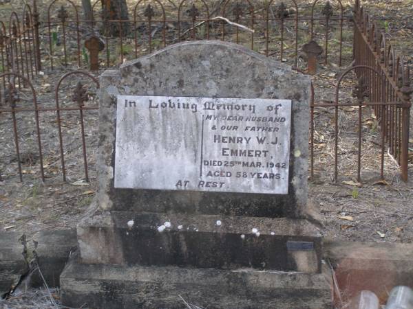 Henry W.J. EMMERT, husband father,  | died 25 March 1942 aged 58 years;  | Emu Creek cemetery, Crows Nest Shire  | 