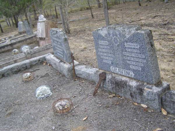 Alice GRAVING, wife,  | died 24 June 1925? aged 48 years;  | Arthur GRAVING, son,  | died 18 March 1935? aged 5 months;  | August GRAVING, father,  | died 12 Nov 1947 aged 78 years;  | Emu Creek cemetery, Crows Nest Shire  | 