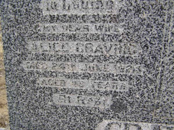 Alice GRAVING, wife,  | died 24 June 1925? aged 48 years;  | Arthur GRAVING, son,  | died 18 March 1935? aged 5 months;  | August GRAVING, father,  | died 12 Nov 1947 aged 78 years;  | Emu Creek cemetery, Crows Nest Shire  | 