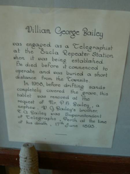 William George BAILEY,  | Eucla museum,  | Nullarbor Plain,  | Eyre Highway,  | Western Australia  | 