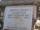 
Major Patrick C. ALLISTON
Staffordshire Yeomanry
b: 1910
d: 1982

Sheila Mary ALLISTON
b: Scotland 1917
d: Perth 1996

Exmouth Cemetery, WA
