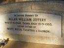 
Allan William JEFFERY
b: 17 Sep 1948
d: 19 Sep 1993
father of Brett, Mylie, Tabatha, Daimon

Exmouth Cemetery, WA

