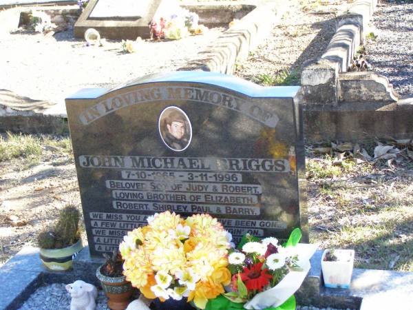 John Michael BRIGGS,  | 7-10-1965 - 3-11-1996,  | son of Judy & Robert,  | brother of Elizabeth, Robert, Shirley,  | Paul & Barry;  | Fernvale General Cemetery, Esk Shire  | 