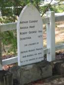 Arthur Clement,
Angela Mary,
Robert George 1866,
Dorothea 1877,
The children of
Arthur Morley FRANCIS
and Angela his wife
Francis Look-out burial ground, Corinda, Brisbane