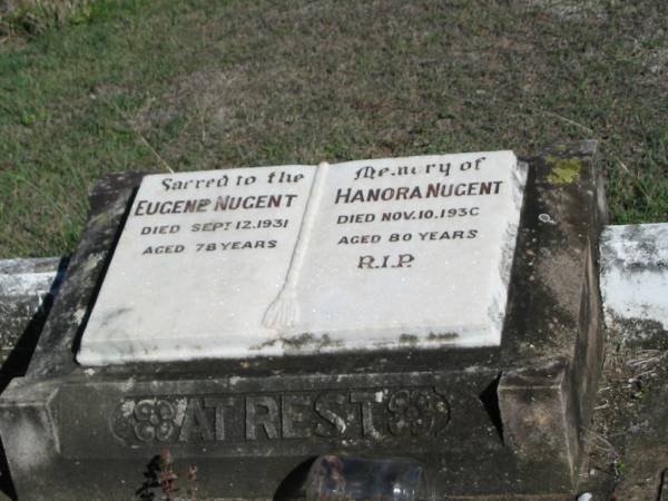 Eugene NUGENT, died 12 Sept 1931 aged 78 years;  | Hanora NUGENT, died 10 Nov 1930 aged 80 years;  | Glamorgan Vale Cemetery, Esk Shire  | 