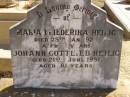 Maria Friederika HEILIG,
died 25 Jan 1928 aged 56 years;
Johann Gottlieb HEILIG,
died 21 June 1951 aged 81 years;
Glencoe Bethlehem Lutheran cemetery, Rosalie Shire