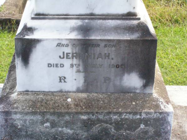 Jeremiah DUNN, father,  | died 22 Oct 1920 aged 79 years;  | Elizabeth DUNN, mother,  | died 10 July 1923 aged 84 years;  | Jeremiah, son,  | died 9 July 1900;  | Gleneagle Catholic cemetery, Beaudesert Shire  | 