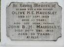 Olive M.E. MAUDSLEY,
wife mother,
died 21 Sept 1949 aged 53 years;
John B.H. MAUDSLEY,
father,
died 20 Dec 1955 aged 59 years;
Goomeri cemetery, Kilkivan Shire