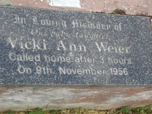 Vicki Ann WEIER,  | baby daughter,  | died 9 Nov 1956 aged 3 hours;  | Goomeri cemetery, Kilkivan Shire  | 