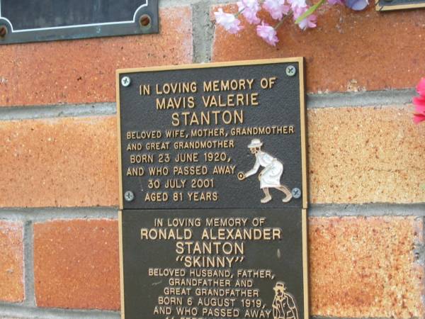 Mavis Valerie STANTON,  | wife mother grandmother great-grandmother,  | born 23 June 1920,  | died 30 July 2001 aged 81 years;  | Ronald Alexander (Skinny) STANTON,  | husband father grandfather great-grandfather,  | born 6 Aug 1919,  | died 15 Feb 2003 agd 83 years 6 months;  | Goomeri cemetery, Kilkivan Shire  | 