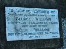 George WILLIAMS, husband father,
died 5 Jan 1960 aged 65 years;
Elsie WILLIAMS, mother,
died 15 Jan 1992 aged 94 years;
Grandchester Cemetery, Ipswich