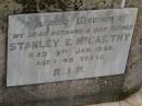 Stanley E. MCCARTHY,
husband father,
died 19 Jan 1939 aged 49 years;
Greenmount cemetery, Cambooya Shire