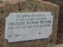Charles Erdwin PETERS,
husband father,
died 14 Jan 1937 aged 64 years;
Maud PETERS,
died 27 Jan 1951? aged 68 years;
Greenmount cemetery, Cambooya Shire