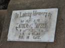 Catherine TANZER,
mother,
died 27 July 1939 aged 86 years;
Greenmount cemetery, Cambooya Shire