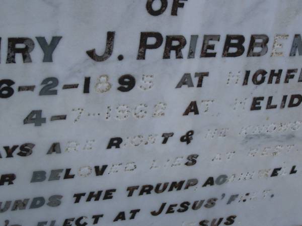 Henry J. PRIEBBENOW,  | born 6-2-1895 Highfields,  | died 4-7-1962 Helidon;  | Greenwood St Pauls Lutheran cemetery, Rosalie Shire  | 