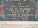 parents;
Ellen S. PRIEBBENOW,
died 22 June 1972 aged 63 years;
Christian L.PRIEBBENOW,
died 9 Feb 1973 aged 72 years;
Greenwood St Pauls Lutheran cemetery, Rosalie Shire