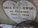 Emma A. KAJEWSKI (nee KRENSKE),
1899 - 1934,
wife mother;
Greenwood St Pauls Lutheran cemetery, Rosalie Shire