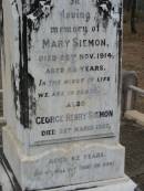 George SIEMON,
died 11 Dec 1908 aged 78 years;
Catherine, wife of George SIEMON,
born 17 Oct 1845 died 1 May 1923;
William SIEMON,
died 14 Oct 1886 aged 23 years;
Albert SIEMON,
died 5 Jan 1890 aged 3 years;
Conrad SIEMON,
died 4 Aug 1898 aged 60 years;
Mary SIEMON,
died 25 Nov 1914 aged 26 years;
George Henry SIEMON,
died 22 March 1927 aged 62 years;
Haigslea Lawn Cemetery, Ipswich