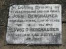 John BERGHAUSER
17 Aug 1947 aged 71
Hedwig O BERGHAUSER
25 Oct 1971, aged 83
Haigslea Lawn Cemetery, Ipswich