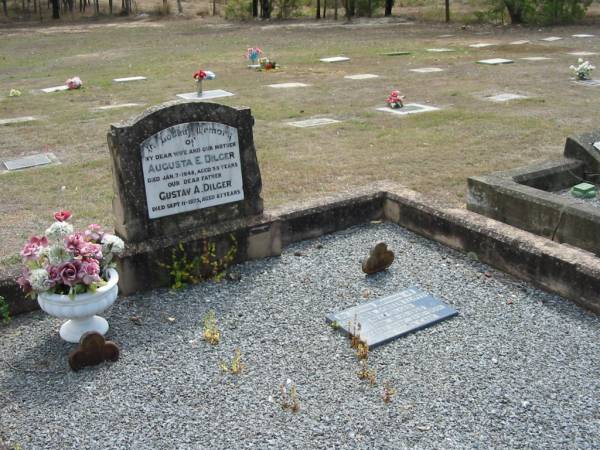 Augusta E DILGER  | 7 Jan 1948, aged 53  | Gustav A DILGER  | 11 Sep 1975, aged 87  |   | Correnna Doreen Lloyd (nee DILGER)  | b:  18 Oct 1925, d: 21 Oct 2001  |   | Haigslea Lawn Cemetery, Ipswich  | 