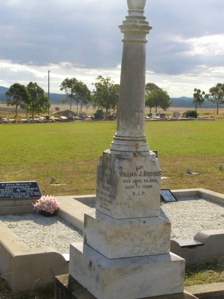 William J BROOKS  | d: 24 Apr 1932, aged 72  | Mary (wife of W.J.BROOKS)  | d: 18 Dec 1936, aged 72  | our dear son  | Edward Charles BROOKS  | d: 20 Jul 1910, aged 19  | Harrisville Cemetery - Scenic Rim Regional Council  |   | 