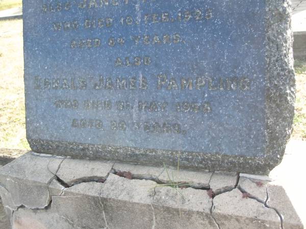 Daniel PAMPLING  | d: 18 May 1923, aged 77  | Janet PAMPLING  | d: 10 Feb 1926, aged 84  | Donald James PAMPLING  | d: 21 May 1928, aged 20  | Charlotte PAMPLING  | d: 10 Mar 1951, aged 58 years 11 months  | Harrisville Cemetery - Scenic Rim Regional Council  | 