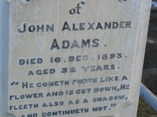 William ADAMS c.l.  | B: Dalkeith, Scotland  | d: 7 Nov 1893, aged 70  | (wife) Allison Dickson (ADAMS)  | d: 24 Jan 1898, aged 74  |   | John Alexander ADAMS  | d: 16 Dec 1893, aged 32  |   | Mary  | (youngest daughter of William and Alison ADAMS)  | d: at Childers, 28 Nov 1900, aged 33  |   | Isiah TITMARSH  | d: 30 Aug 1880, aged 40  |   | Harrisville Cemetery - Scenic Rim Regional Council  | 