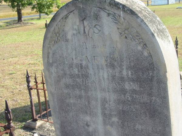 Elizabeth  |                              OF  |              ??EA   ?? M  | who 19  ??               6th? 1875?  | [REDO]  | Harrisville Cemetery - Scenic Rim Regional Council  |   | 