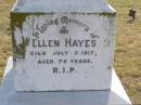 
Ellen HAYES
d 3 Jul 1917, aged 75
Patrick HAYES
d: 2 Jan 1933, aged 95
Ellen C HAYES
d: 18 Dec 1928, aged 49
John Patrick HAYES
d: 29 May 1951, aged 71
(uncle) Henry Joseph HAYES
d: 23 Aug 1942, aged 68
Harrisville Cemetery - Scenic Rim Regional Council

