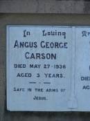 
Angus George CARSON
d: 27 May 1936, aged 3

William Robert CARSON
d: 2 Oct 1975, aged 82

Mary Loamside GRIFFITH
d: 24 Jun 1951, aged 28
Mary CARSON
d: 11 Jul 1976, aged 83

Harrisville Cemetery - Scenic Rim Regional Council
