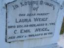 
Laura WEIGEL
d: 22 Dec 1928, aged 52
G Emil WEIGEL
d: 3 Jul 1959, aged 86
Harrisville Cemetery - Scenic Rim Regional Council
