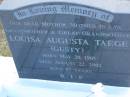 
Louisa Augusta TAEGE (Gusty)
b: 20 May 1905, d: 22 Aug 2002, aged 97
Harrisville Cemetery - Scenic Rim Regional Council
