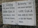 
John CHALK
d: 10 Feb 1921, aged 60
Alice CHALK
d: 18 Jun 1934, aged 69
Harrisville Cemetery - Scenic Rim Regional Council
