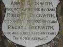 
Annie BECKWITH
d: 10 Oct 1927, aged 56
Robert BECKWITH
d: 25 Mar 1937, aged 65
Rachel BECKWITH
d: 8 Aug 1933, aged 49
Harrisville Cemetery - Scenic Rim Regional Council
