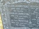 
Eliza JOHNSTON
d: Jan 1871, aged 66
Charles JOHNSTON
d: 7 Jan 1909, aged 64
(wife) Martha (JOHNSTON)
d: 23 Aug 1943, aged 89
(dau) Charlotte (JOHNSTON)
d: 26 Jul 1873, aged 20 months
(son) George (JOHNSTON)
d: 13 Apr 1883, aged 11 months
(son) Charles (JOHNSTON)
d: 20 Feb 1887, aged 9 years
(son) Andrew (JOHNSTONE)
d: 15 Mar 1887, aged 7 months

Harrisville Cemetery - Scenic Rim Regional Council
