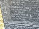 
Eliza JOHNSTON
d: Jan 1871, aged 66
Charles JOHNSTON
d: 7 Jan 1909, aged 64
(wife) Martha (JOHNSTON)
d: 23 Aug 1943, aged 89
(dau) Charlotte (JOHNSTON)
d: 26 Jul 1873, aged 20 months
(son) George (JOHNSTON)
d: 13 Apr 1883, aged 11 months
(son) Charles (JOHNSTON)
d: 20 Feb 1887, aged 9 years
(son) Andrew (JOHNSTONE)
d: 15 Mar 1887, aged 7 months

Harrisville Cemetery - Scenic Rim Regional Council
