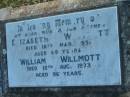 
Elizabeth WILLMOTT
d: 10 Mar 1951, aged 69
William WILLMOTT
d: 12 Aug 1973, aged 96

Harrisville Cemetery - Scenic Rim Regional Council
