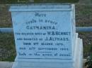 
Catharina (BENNET)
wife of W.B. BENNET
daughter of J ALTHAUS
b: 9 Mar 1870
d: 15 Sep 1905
Anna C BENNET
wife of W.B. BENNET
b: 15 Jun 1872
d: 4 Oct 1946
William Brock BENNET
b: 30 Mar 1860
d: 21 Mar 1945

Harrisville Cemetery - Scenic Rim Regional Council
