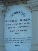 
William WINKS
b: 23 Sep 1827, d: 22 Dec 1899, aged 72

Hannah WINKS
b: 24 Jan 1838, d: 7 Dec 1925, aged 87 years 11 months

Harrisville Cemetery - Scenic Rim Regional Council
