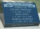 
Stuart Wheeler FORSYTH
b: 4 Dec 1910, d: 1 Apr 1998
Rose Edna FORSYTH
b: 1 Apr 1915, d: 24 Aug 2002
Pamela Barbara FORSYTH
b: 6 Mar 1941, d: 28 Feb 1943

Harrisville Cemetery - Scenic Rim Regional Council
