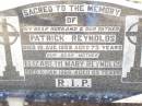 
Patrick REYNOLDS,
husband father,
died 10 Aug 1952 aged 73 years;
Elizabeth Mary REYNOLDS, mother,
died 6 Jan 1969 aged 85 years;
Helidon Catholic cemetery, Gatton Shire
