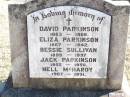 
David PARKINSON, 1863 - 1908;
Eliza PARKINSON, 1867 - 1942;
Bessie SULLIVAN, 1899 - 1937;
Jack PARKINSON, 1905 - 1950;
Nell MCHARDY, 1907 - 1951;
Helidon Catholic cemetery, Gatton Shire
