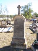 
William REYNOLDS,
husband of Catherine REYNOLDS,
native of Co Roscommon Ireland,
died 21 May 1912;
Mary REYNOLDS,
died 26 Oct 1916 aged 11 years;
Catherine REYNOLDS,
died 28 Sept 1927 aged 80? years;
Helidon Catholic cemetery, Gatton Shire
