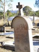 Theresa LAUGHREN,
wife of John LAUGHREN,
native of Toowoomba,
died 20 Oct 1903 aged 47 years;
John LAUGHREN,
died 28 June 1921 age 76 years;
Helidon Catholic cemetery, Gatton Shire