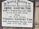 
Annie HARRINGTON, wife mother,
born Co Cavan Ireland 1864,
died 25 Aug 1939;
Thomas HARRINGTON, father,
born Roscommon Ireland 1859,
died 17 Dec 1941;
Helidon Catholic cemetery, Gatton Shire
