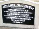 
parents;
Mary CONNOLE,
died 2 May 1956 aged 71 years;
Daniel CONNOLE,
died 7 June 1956 aged 81 years;
Joseph, son,
died in infancy;
Helidon Catholic cemetery, Gatton Shire
