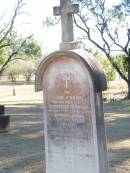 
John OBRIEN,
husband of Catherine OBRIEN,
native of Co Clare Ireland,
died 2 Feb 1891 aged 60 years;
Catherine OBRIEN, wife,
died 19 Oct 1918 aged 71 years;
Bridget, daughter,
wife of M. OBRIEN,
died 9 July 1919 aged 22? years;
Helidon Catholic cemetery, Gatton Shire
