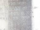 
Winifred HEALY,
wife of Peter HEALY of Helidon,
died 9 Oct 1909 aged 66 years;
Peter HEALY, husband,
native of Co Wicklow Ireland,
died 11 Dec 1915 aged 79 years;
Thomas HEALY,
died 1 May 1920 aged 48 years;
James HEALY,
died 11 Jan 1920 aged 32 years;
Helidon Catholic cemetery, Gatton Shire
