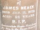 
Winifred HEALY,
wife of Peter HEALY of Helidon,
died 9 Oct 1909 aged 66 years;
Peter HEALY, husband,
native of Co Wicklow Ireland,
died 11 Dec 1915 aged 79 years;
Thomas HEALY,
died 1 May 1920 aged 48 years;
James HEALY,
died 11 Jan 1920 aged 32 years;
Helidon Catholic cemetery, Gatton Shire
